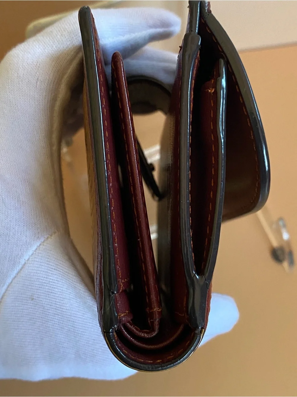 MCM Two-Tone Trifold Leather Continental Wallet in Burgundy and Cognac Brown